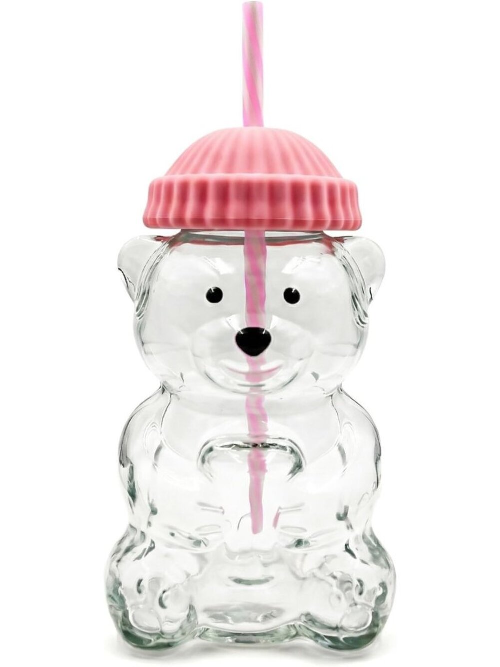 Cute Bear Glass Tumbler with Straw, 500ml Reusable Cup for Iced Drinks, Pink